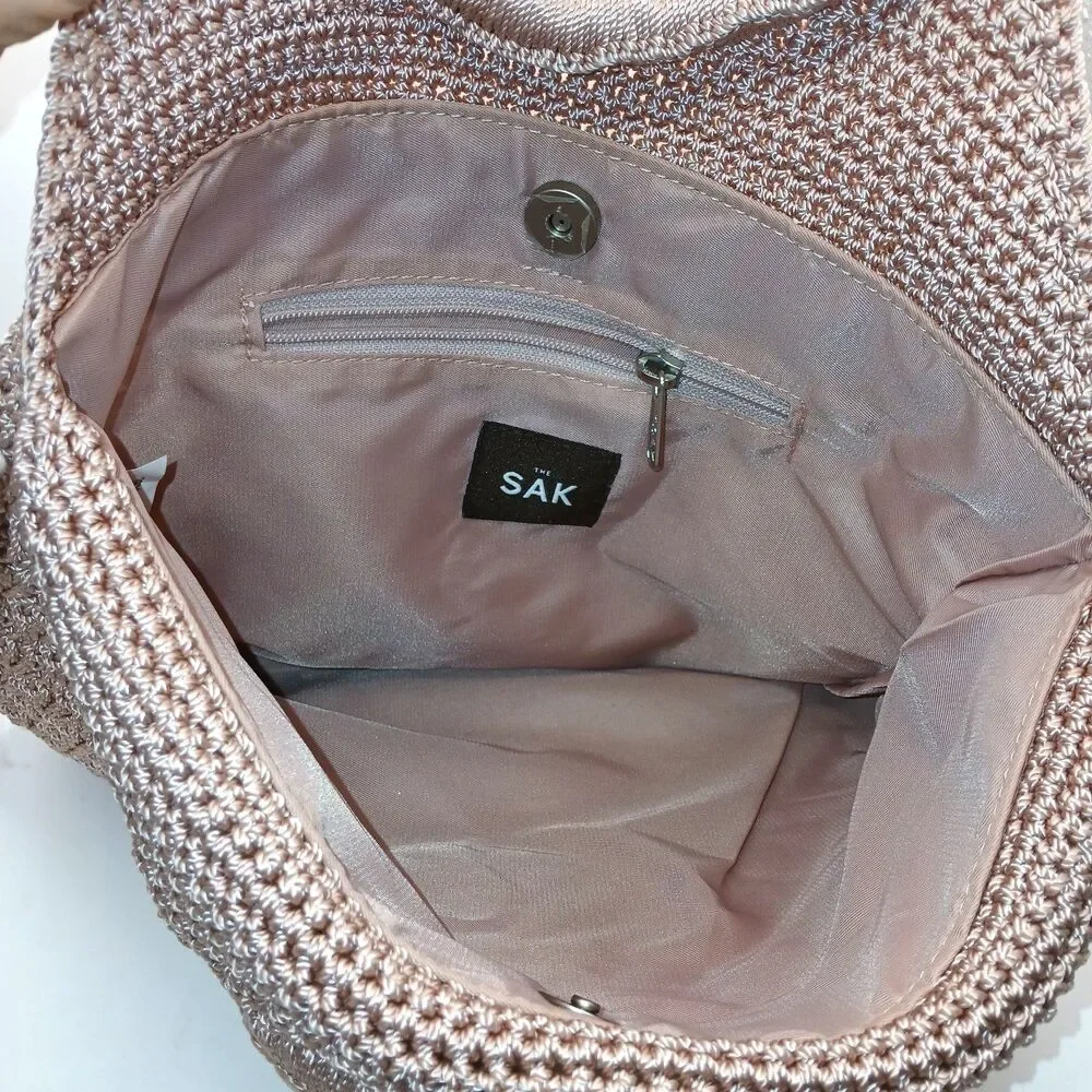 Vintage The Sak Warm Beige Crochet Purse Bag w/ Round Wood Look Plastic Handles